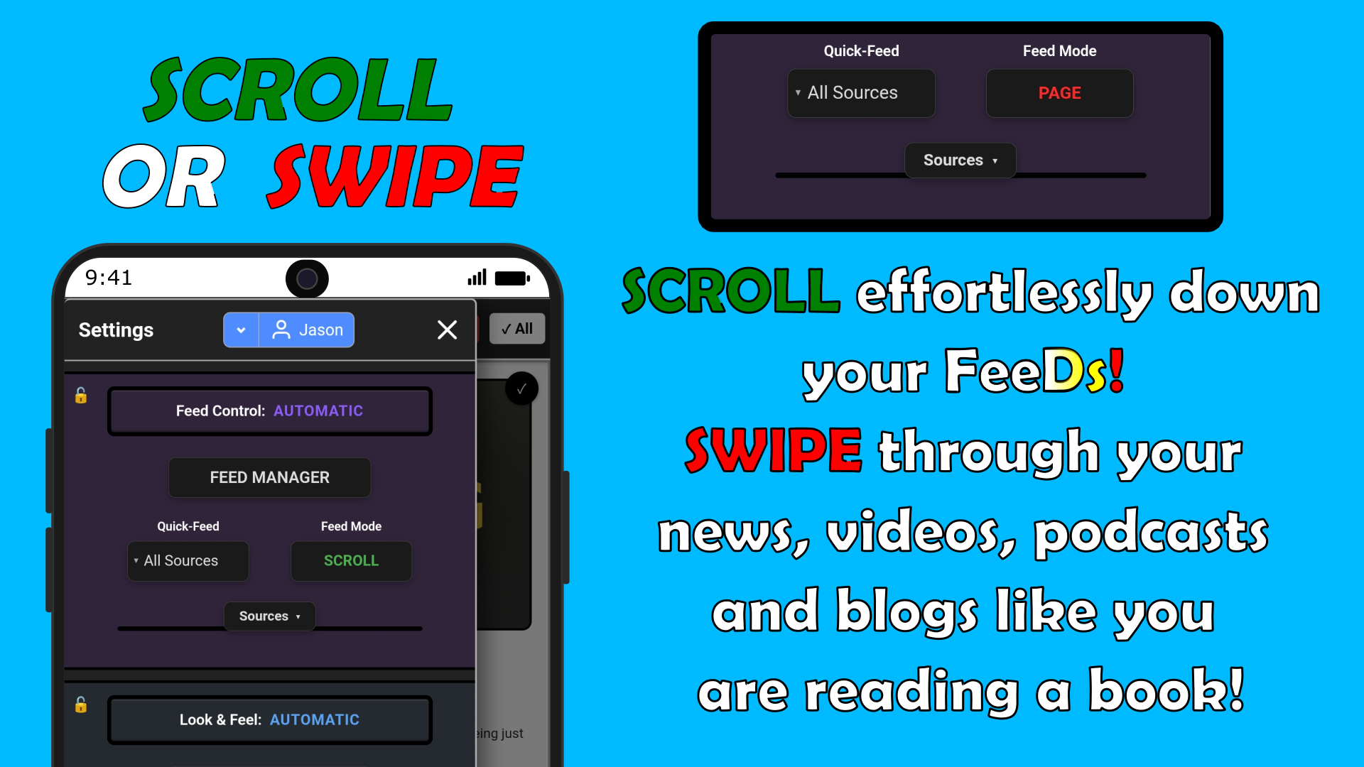FeeDings RSS reader scroll and flip reading modes
