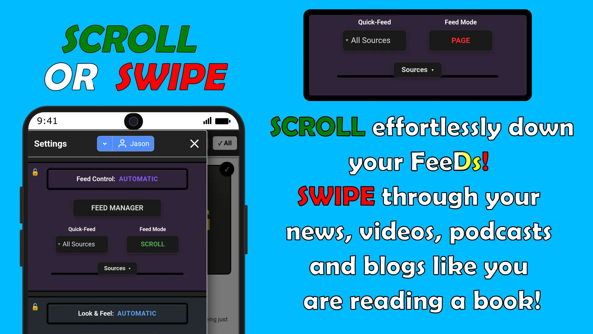 FeeDings RSS reader scroll and flip reading modes
